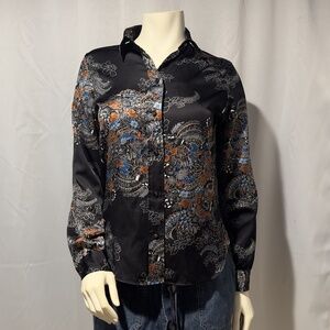 Womens 70s Black Blouse Asian Print Floral Chinese Print Size Small Made…